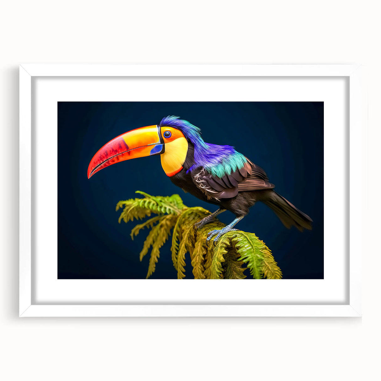 Abstract art print depicting a vibrant, colorful Central American landscape on a framed white mat.