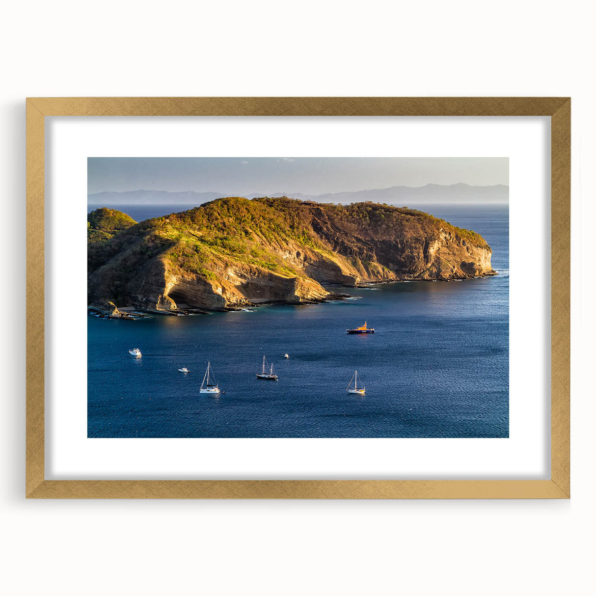 Extra large abstract art print of a textured Nicaraguan landscape in gold frame, ideal for living room decor.