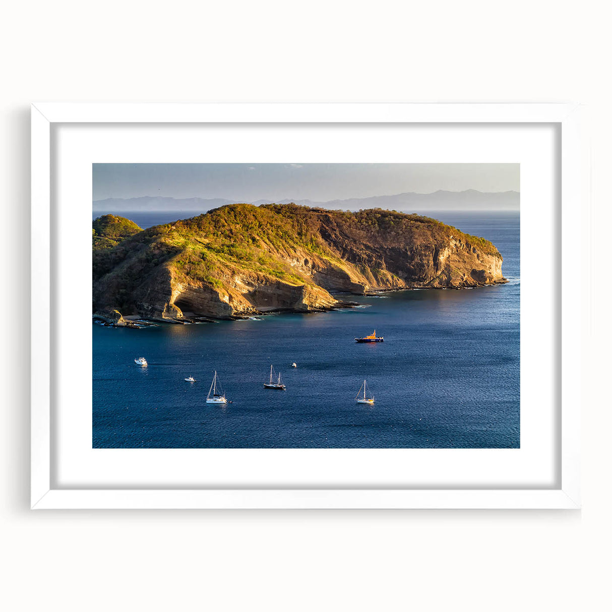 Abstract art print of a Central American landscape in muted earth tones on a framed white mat.