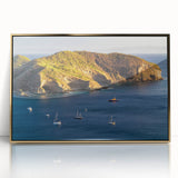 Mid-century modernist style acrylic print of a Central American landscape, framed in gold, ideal for modern art wall decor.