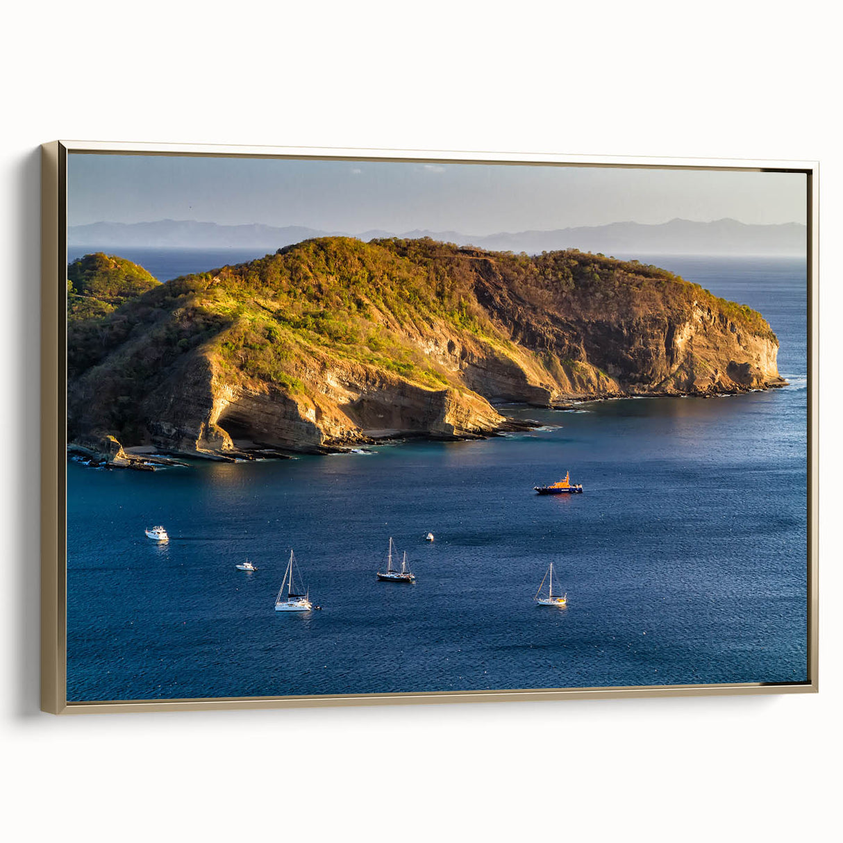 Framed canvas featuring a vintage-style landscape painting of a Nicaraguan scenery, in muted gold and black tones.