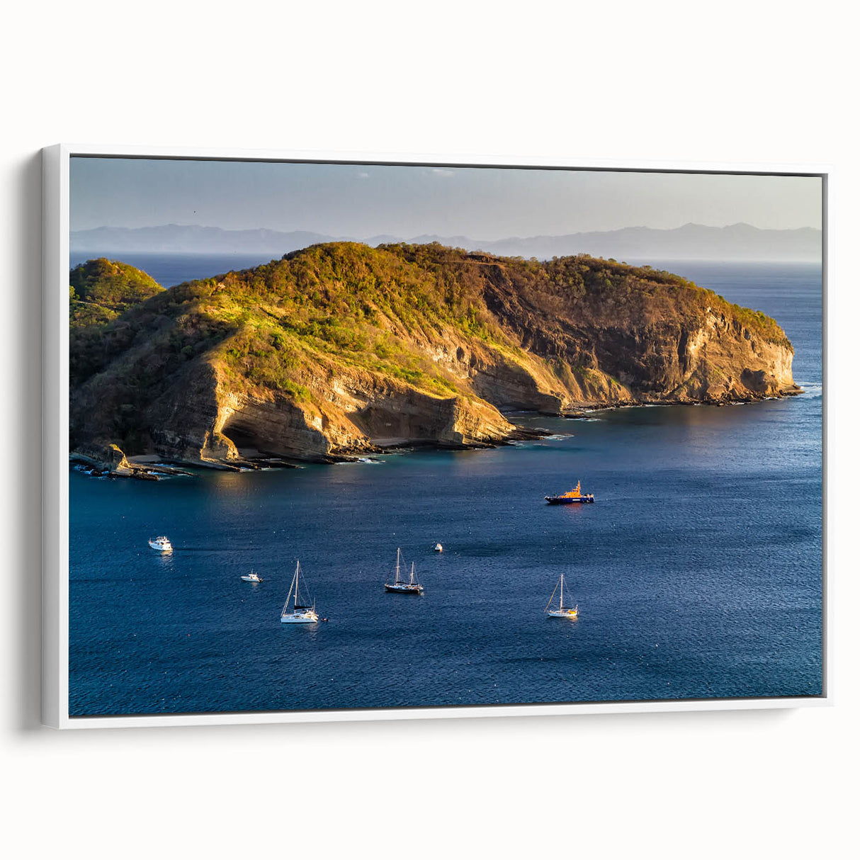 Vintage poster art of a Central American scenery in vibrant colors on extra large framed canvas, ideal for living room decor.