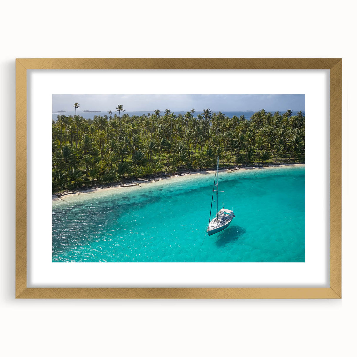 Abstract art print of Central American scenery in textured gold frame, ideal for extra large wall art in living rooms.