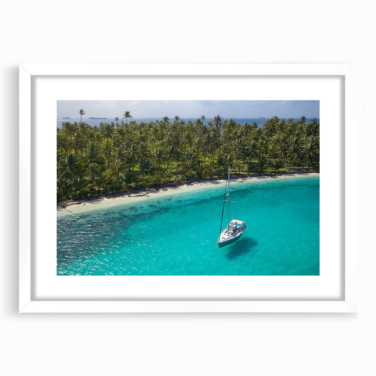 Abstract art print depicting a stylized Panama scenery in soft blue and green tones, framed with a white mat.