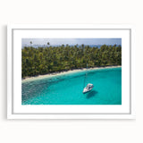 Abstract art print depicting a stylized Panama scenery in soft blue and green tones, framed with a white mat.