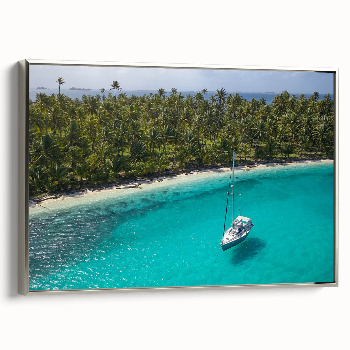 Framed canvas of a vintage-style landscape art painting depicting a colorful Central American scene.
