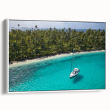 Vintage poster art of a colorful Central American scenery on a large framed canvas, ideal for living room decor.