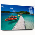 Acrylic print of a large abstract depiction of European scenery in vibrant blues and greens.