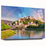 Large abstract depiction of an Austrian landscape in muted earth tones on acrylic glass.