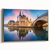 Vintage poster art of a European Belgian landscape on framed canvas, featuring vibrant, colorful art with black accents.