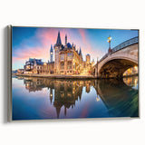 Framed canvas featuring a vintage-style landscape painting of a Belgian scenery in muted earth tones.