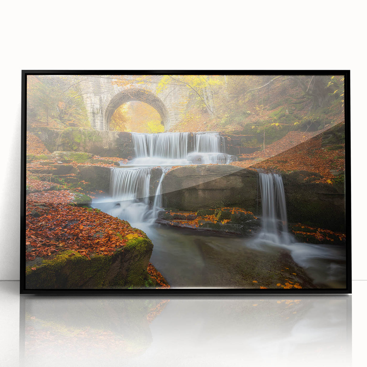 Large abstract wall art featuring a mid-century modernist European scenery in muted earth tones, framed in black acrylic.