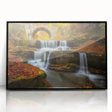 Large abstract wall art featuring a mid-century modernist European scenery in muted earth tones, framed in black acrylic.