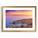 Abstract art print of a European Croatian landscape in muted earth tones on a framed canvas, ideal for dining room decor.