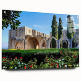 Large abstract wall art depicting a European Cyprus scenery in muted earth tones on acrylic glass.