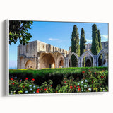 Vintage poster art of a European Cyprus scenery in vibrant colors on a framed canvas, suitable for living room decor.