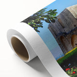 Art deco poster of a European Cyprus landscape in muted earth tones on rolled canvas.