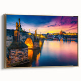 Framed canvas of a vintage Prague landscape in black and gold tones, ideal for bedroom wall art.