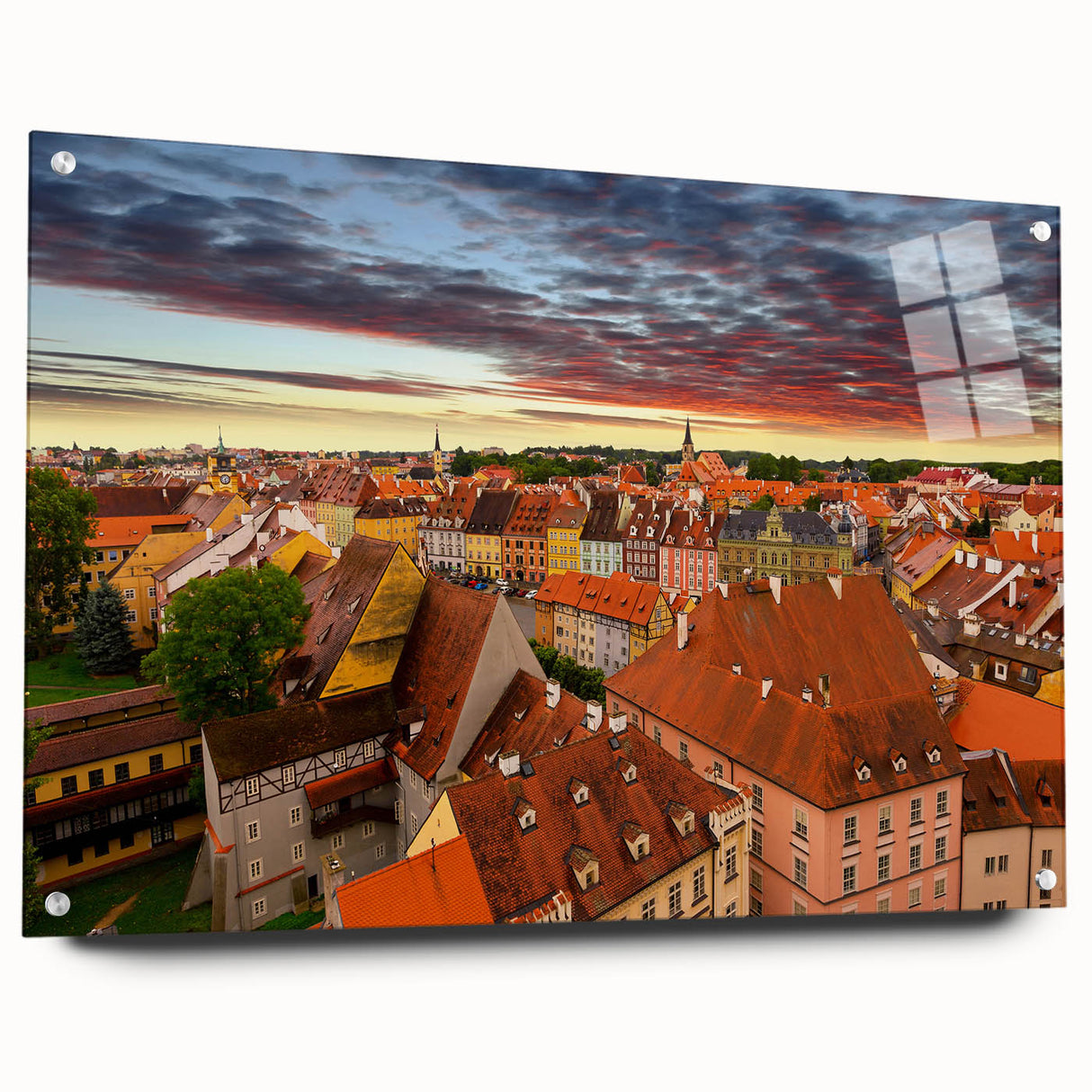 Acrylic print of a Czech Republic landscape in muted green and blue tones, suitable for bedroom or dining room decor.