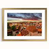 Abstract art print of a European landscape in muted gold and blue tones on a framed canvas, suitable for dining room decor.