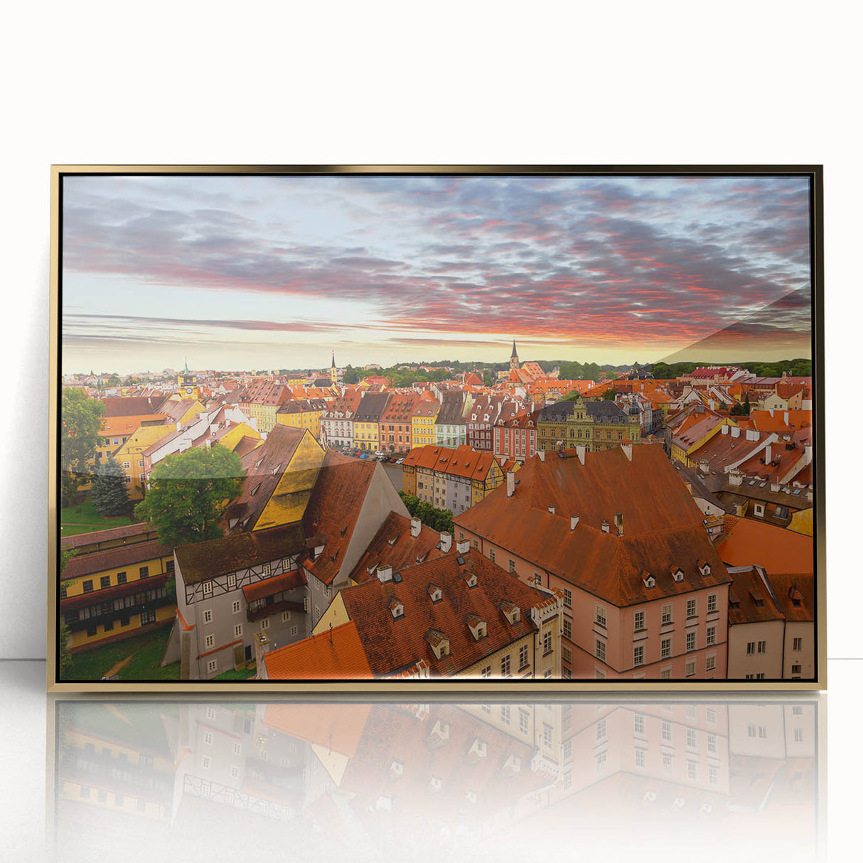 Art deco poster depicting a scenic view of the Czech Republic, framed in gold acrylic, suitable for modern art wall decor.