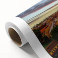 Art Deco style poster of a European cityscape in muted colors on rolled canvas, ideal for nursery wall art.