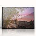 Large abstract wall art depicting a European cityscape in muted gray and blue tones, acrylic print in a black frame.