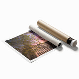 Large rolled canvas print of an English garden in muted green and floral tones, suitable for classy bathroom wall art.