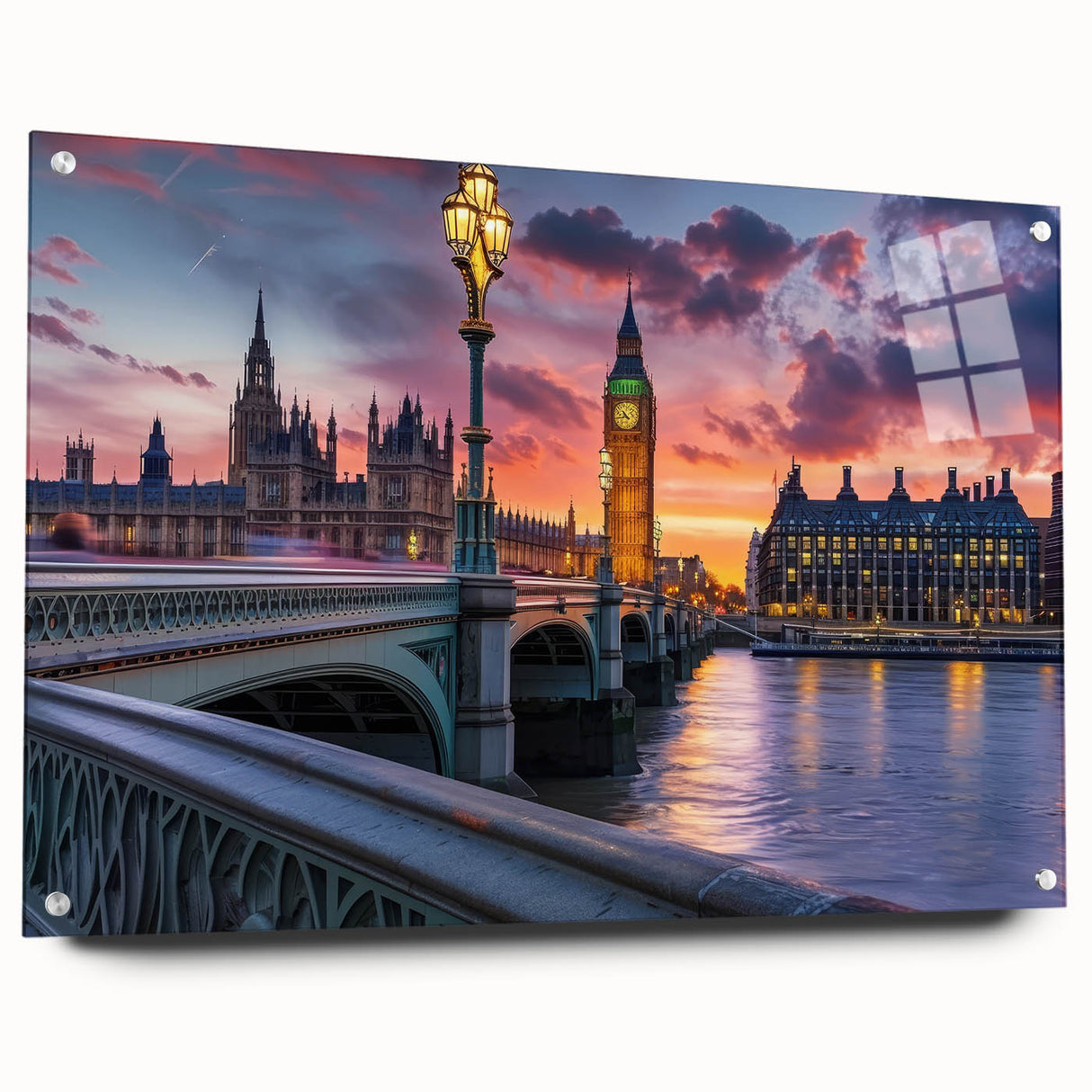 Acrylic print of Big Ben and London scenery with muted gray and blue tones, ideal for bedroom or dining room decor.