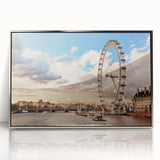 Mid-century modernist art depicting London skyline in muted grays and blues on a framed acrylic print.