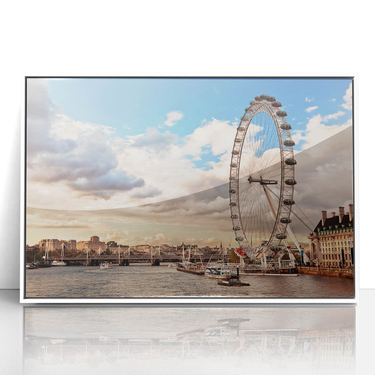 Art deco poster of London skyline in muted gray and blue tones on framed acrylic, ideal for modern art wall decor.