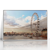 Art deco poster of London skyline in muted gray and blue tones on framed acrylic, ideal for modern art wall decor.