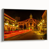 Landscape art painting of Oxford, featuring colorful architecture on black canvas, framed in silver.