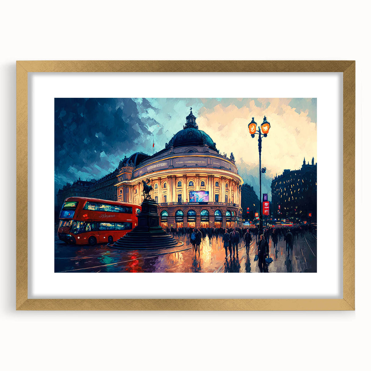 Abstract art print of Piccadilly, England in gold frame with mat, ideal for dining room decor.