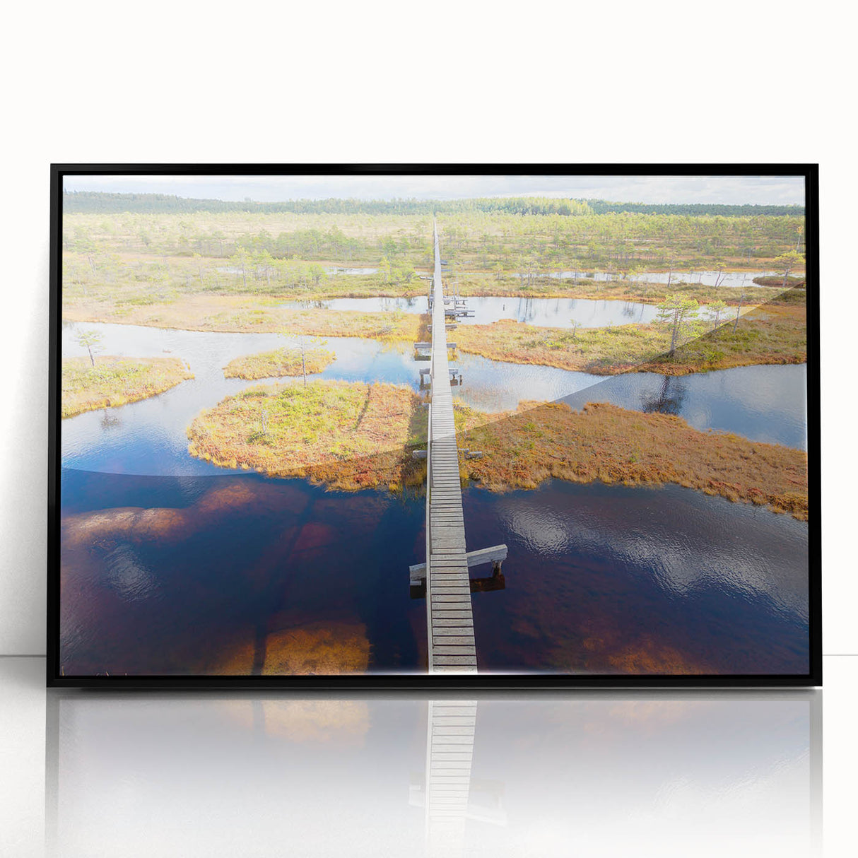Large abstract wall art featuring mid-century modernist style, acrylic print of European scenery in muted colors.