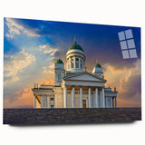 Large abstract wall art depicting a serene Finnish landscape in muted greens and blues on acrylic glass.