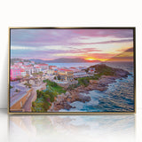 Art deco poster of Corsican landscape in muted gold and blue tones on framed acrylic, suitable for modern art wall decor.
