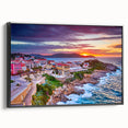 Black and white wall art of Corsica landscape on framed canvas, ideal for bedroom decor.