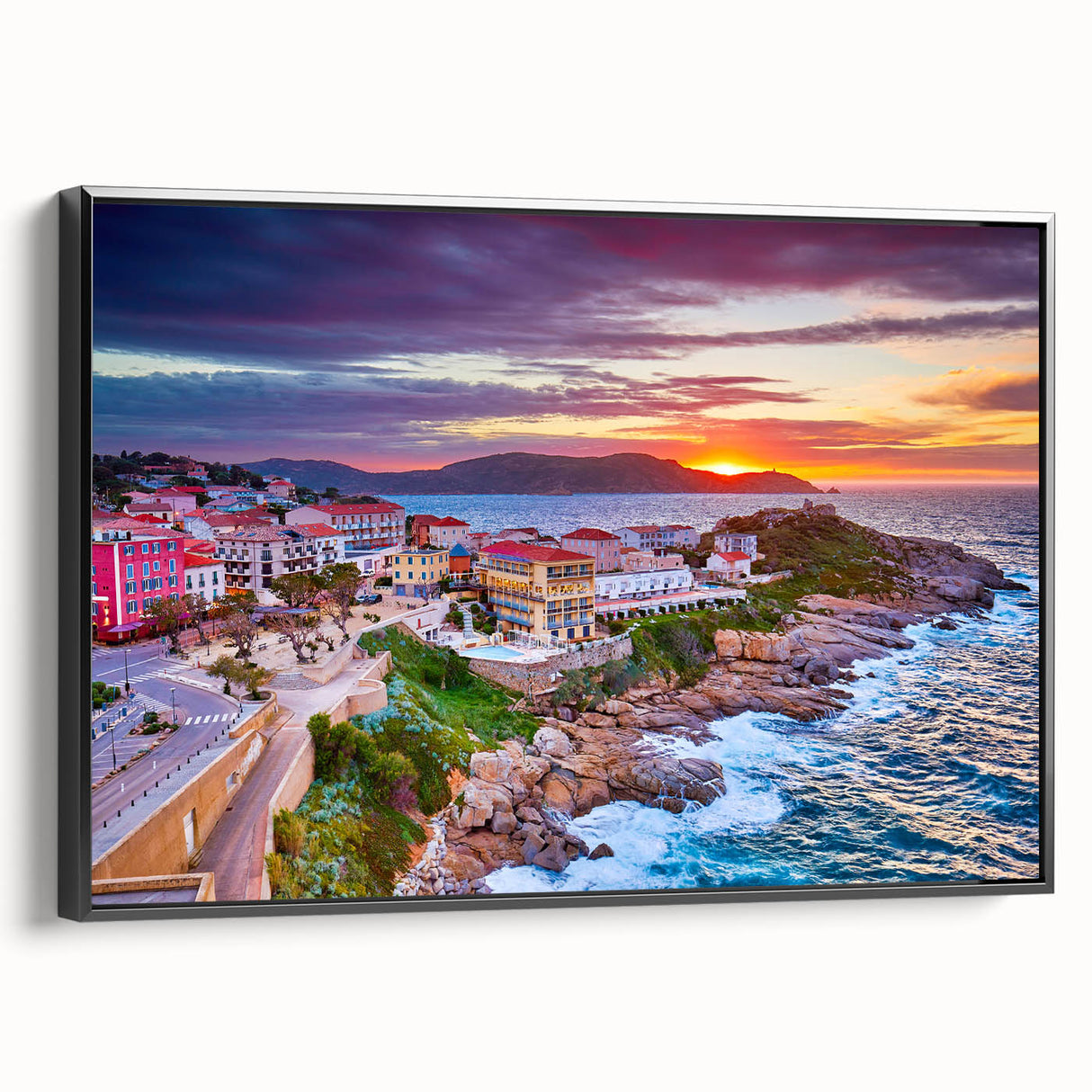 Black and white wall art of Corsica landscape on framed canvas, ideal for bedroom decor.