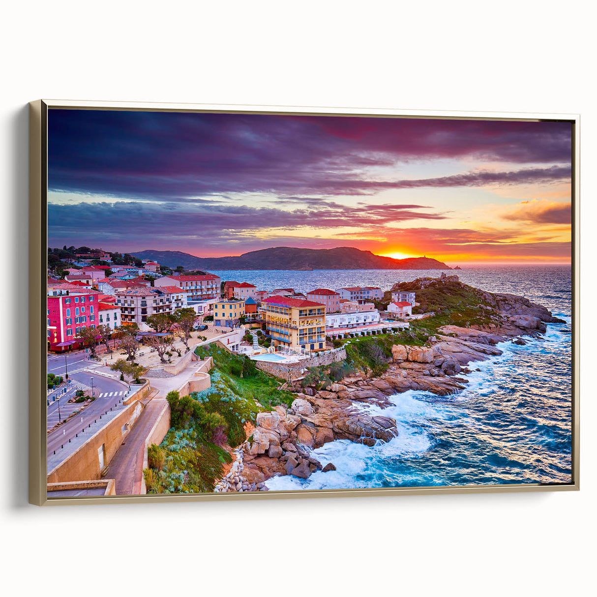 Landscape painting of Corsican scenery on framed canvas, featuring muted earth tones, ideal for bedroom wall art.
