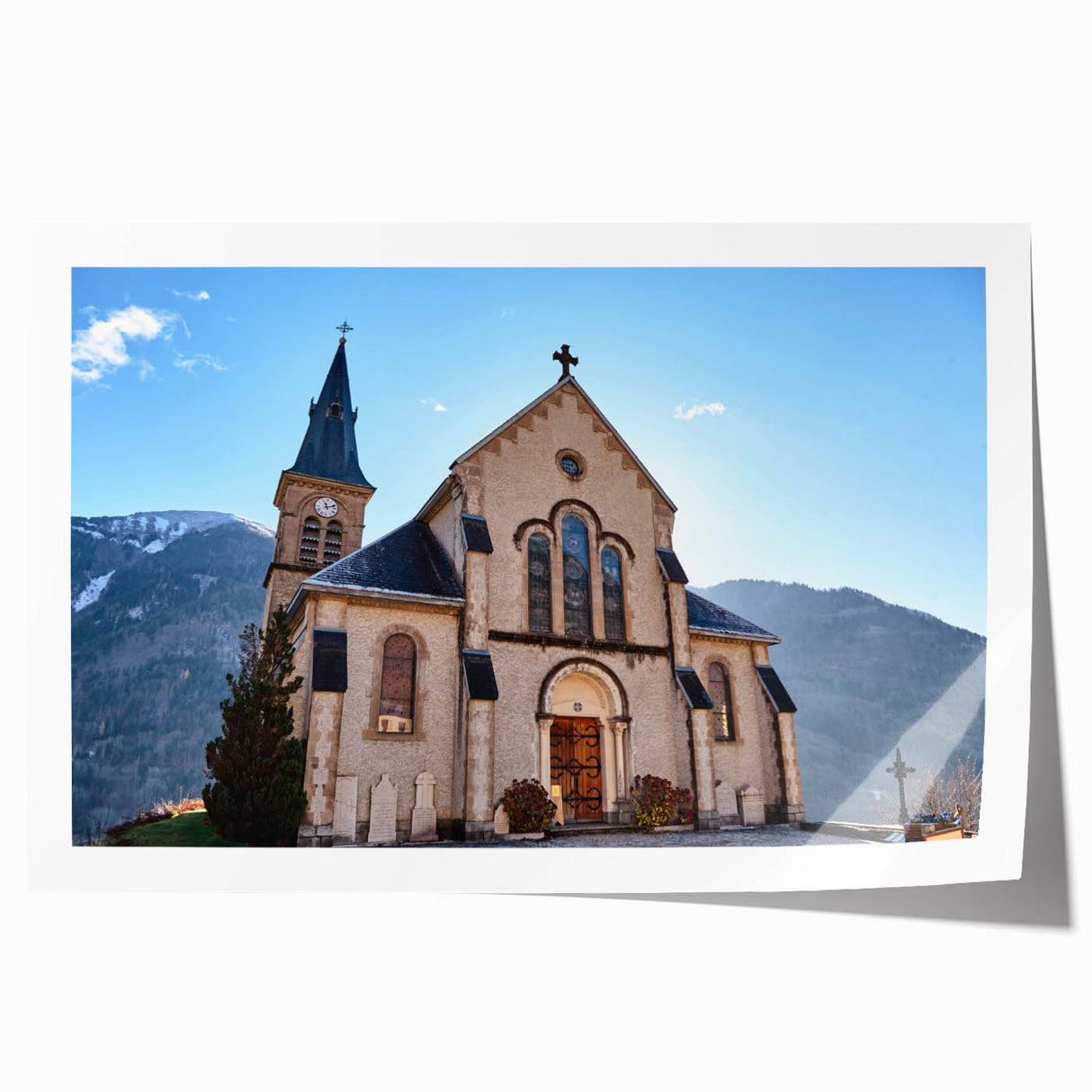 French Alps landscape on rolled print, with muted green and blue tones, ideal for art wall dining room.