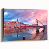 Framed canvas featuring a vintage-style landscape painting of Lyon, France in black and gold tones, ideal for bedroom decor.
