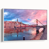 Vintage poster art of Lyon, France in vibrant colors on extra large framed canvas, ideal for living room decor.