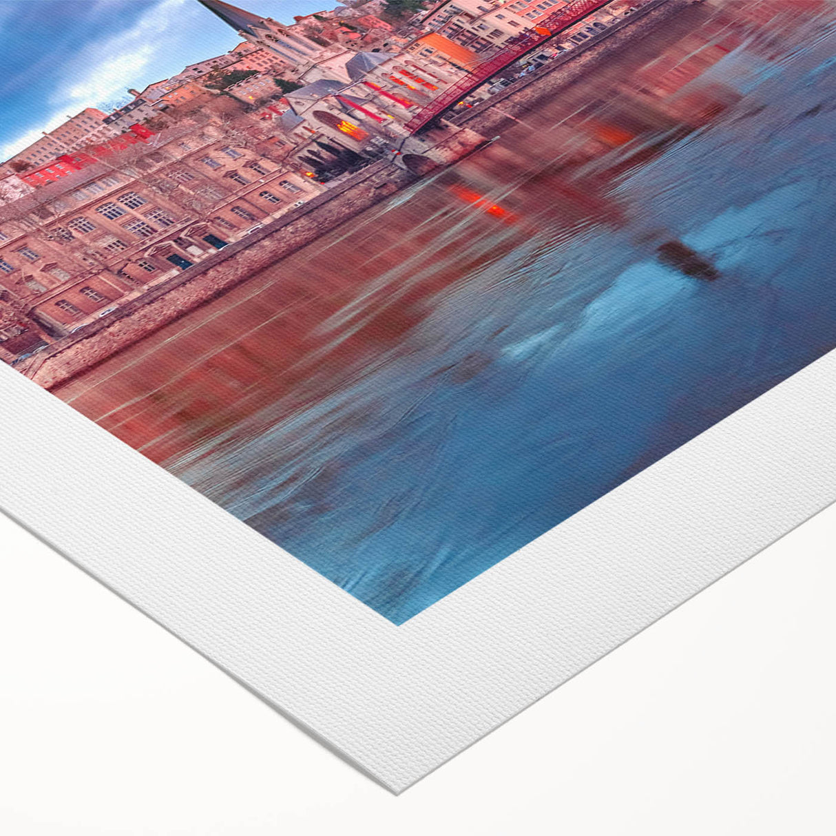 Art deco poster of Lyon, France scenery on rolled canvas, featuring muted earth tones, suitable for dining room wall art.