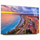Large abstract depiction of Nice, France in muted blue and green hues on acrylic glass, ideal for bedroom or dining room art.