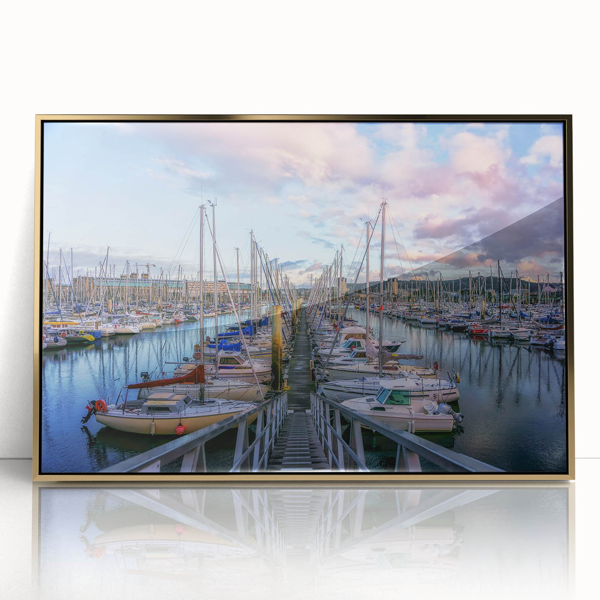 Art deco poster of Normandy, France scenery in gold acrylic frame, muted earth tones, ideal for nursery wall art.