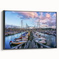 Black and white wall art featuring a vintage poster-style landscape of Normandy on framed canvas, suitable for bedroom decor.