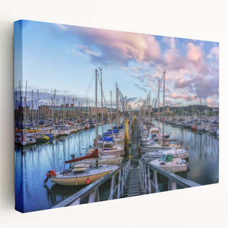 Scenic Normandy landscape on stretched canvas with muted green and blue tones, ideal for kitchen wall art.
