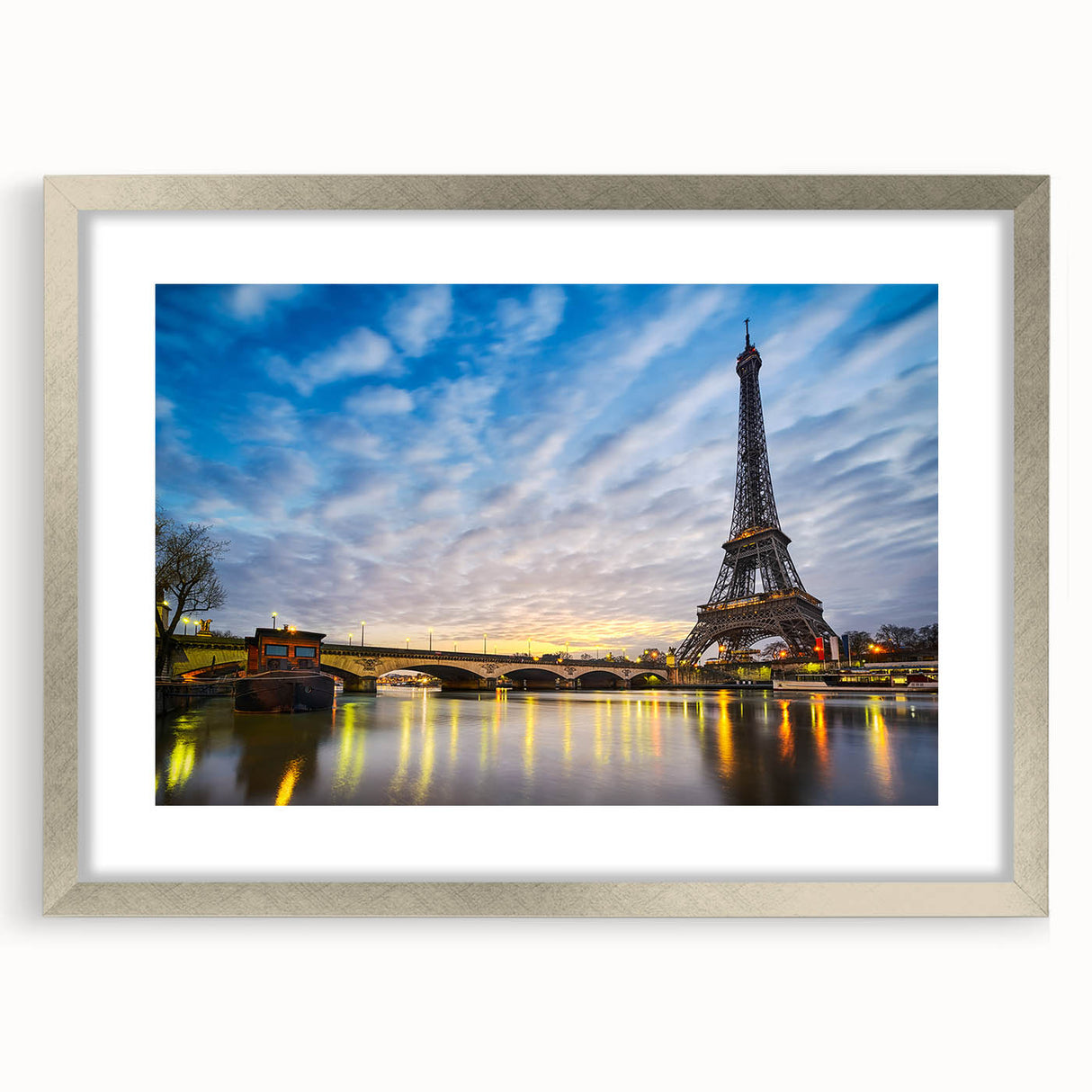 Extra large abstract art print of Paris scenery in muted gray tones, framed with a silver mat.