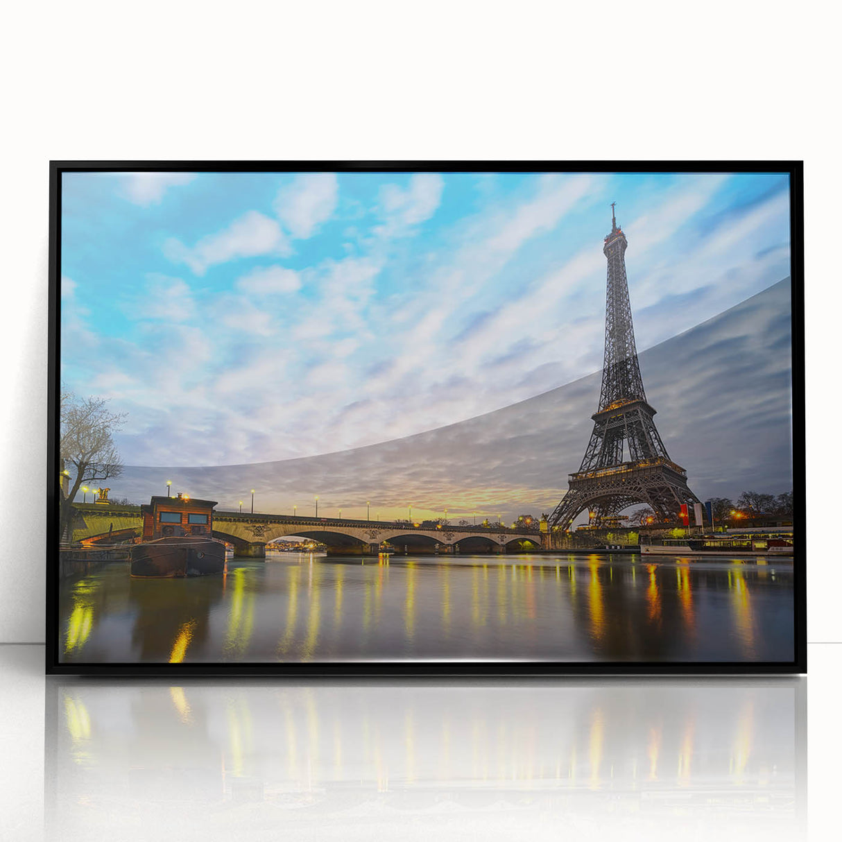 Large abstract wall art featuring a minimalist Parisian cityscape in muted gray tones on a framed acrylic panel.